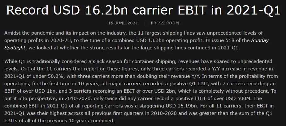 班輪公司一季度盈利162億美元，是近10年一季度利潤總和；這家曾嚴(yán)重虧損的企業(yè)單箱利潤最高