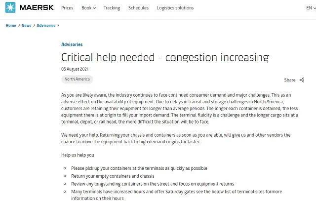 8月旺季北美港口恐再“爆倉(cāng)”！馬士基提醒盡快還集裝箱