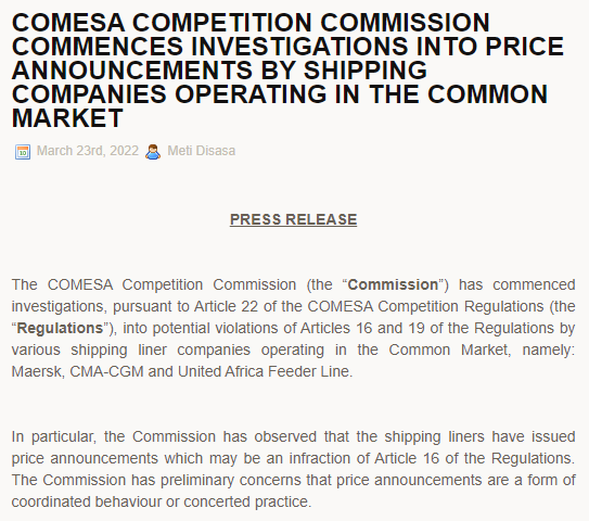 非洲監(jiān)管機構對馬士基等三家班輪公司，發(fā)起運價調(diào)查！