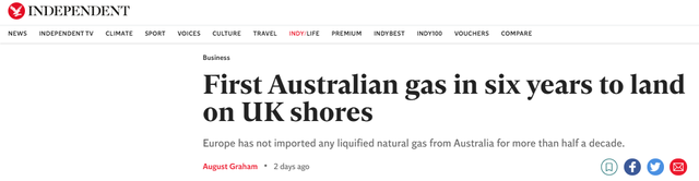 澳大利亞液化天然氣貨輪抵達(dá)英國(guó)，美媒：歐洲6年來(lái)首次