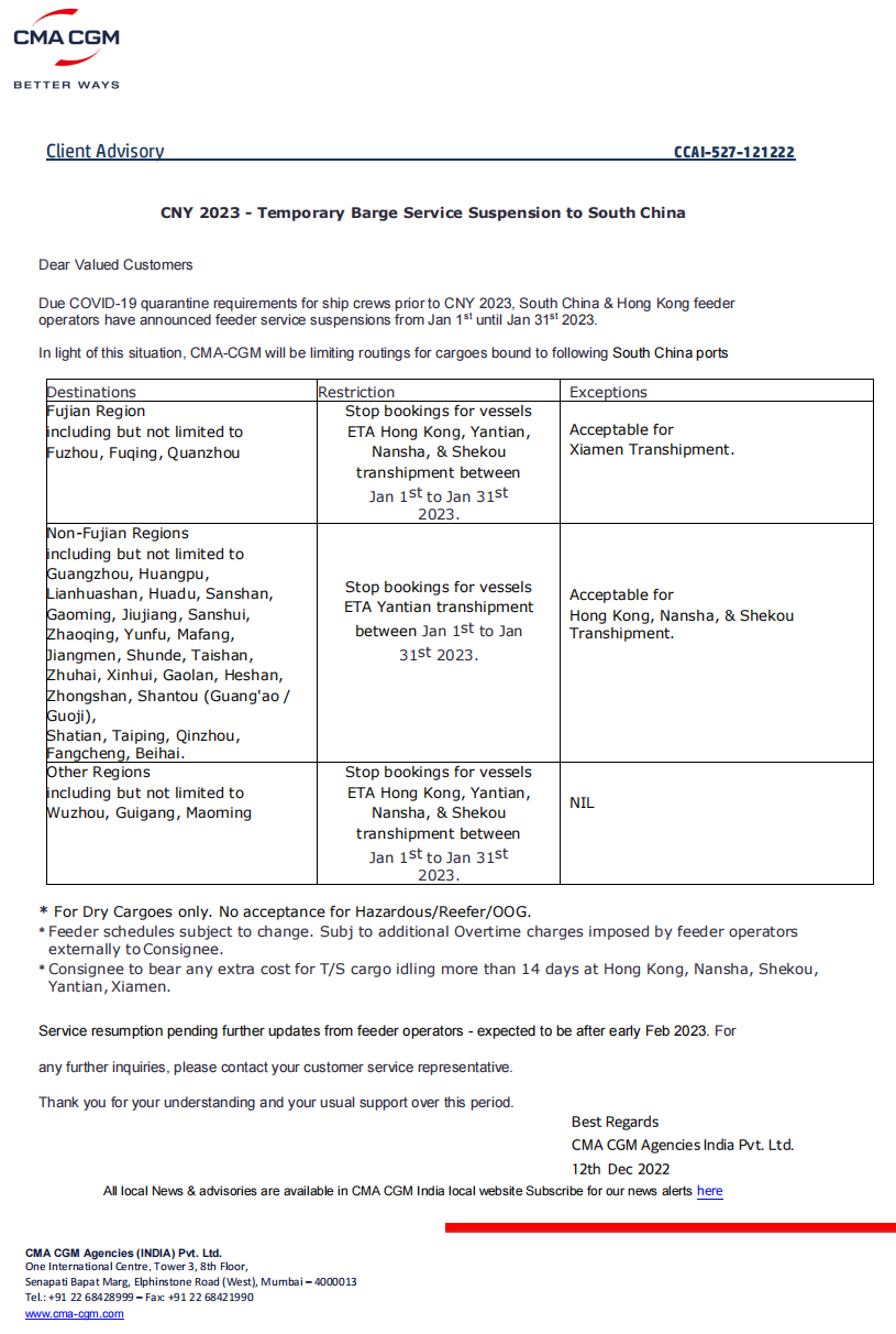 兩大船公司宣布：春節(jié)前后將暫停接收運(yùn)往華南地區(qū)的貨物！
