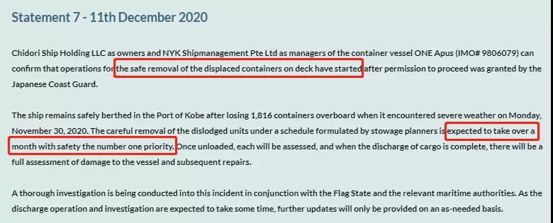 ONE Apus追蹤：開始移除甲板上受損集裝箱，預(yù)計需1個月！