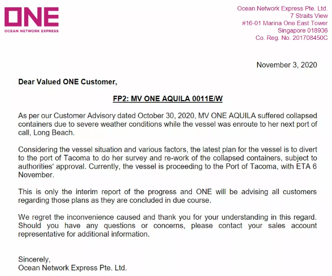 事故丨至少100個(gè)集裝箱落水！ONE一艘大型集裝箱船遭遇惡劣天氣，有掛靠國(guó)內(nèi)港口